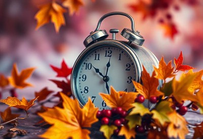 An old alarm clock rests among fallen autumn leaves