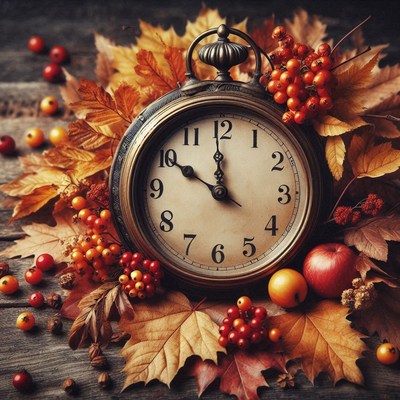 An antique clock sits surrounded by fall leaves and berries