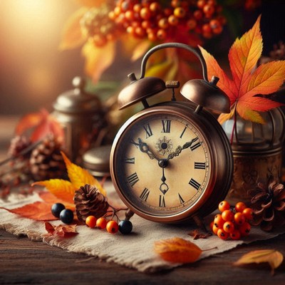 An antique alarm clock sits on a table with fall leaves