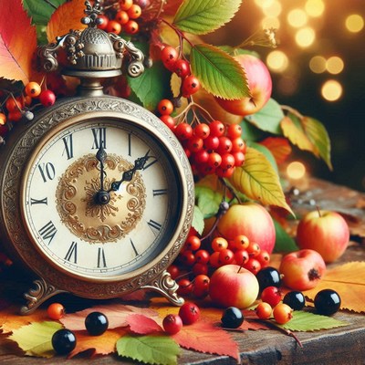 An antique clock sits among autumn leaves and berries