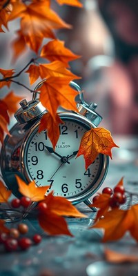 Alarm clock under autumn leaves