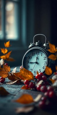 An old clock sits surrounded by autumn leaves