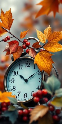 An old clock sits amongst autumn leaves and berries
