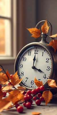 An antique clock with autumn leaves and berries