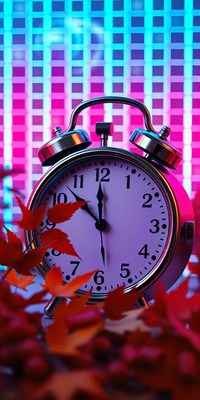 Alarm clock amidst red leaves under lights