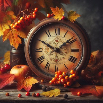 An antique clock sits among fall foliage and berries