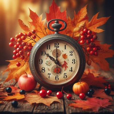 A vintage clock sits amongst fall leaves and fruit