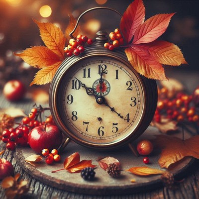 Old clock on table with autumn leaves and berries