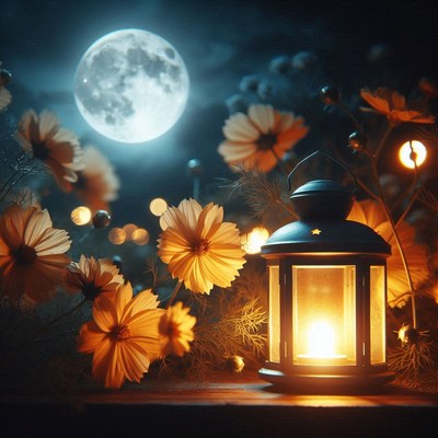 A lantern glows under a full moon surrounded by flowers