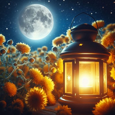 A lantern glows brightly under a full moon