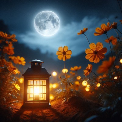 A lantern glows under a full moon in a field of flowers