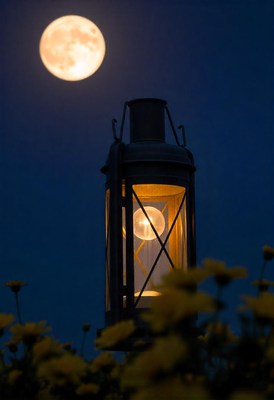 A lantern glows under a full moon at night