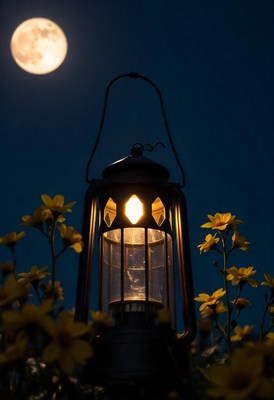 A lantern glows under a full moon