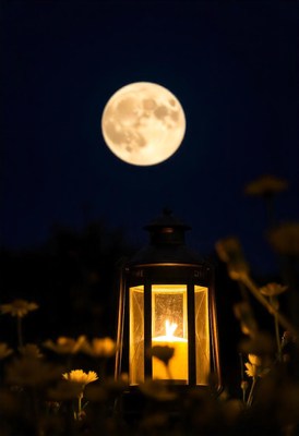 A lantern glows beneath a full moon