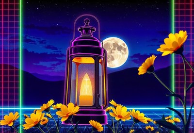 A lantern glows in a flower field by the moon