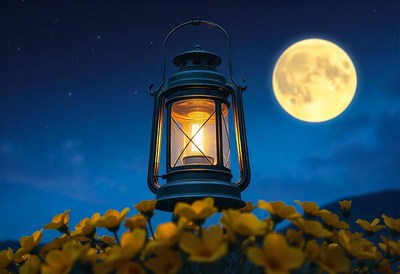 A lantern glows under a full moon