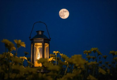 A lantern glows under the full moon