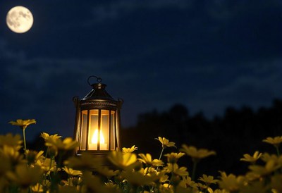 Lantern shines in a flower field under the moon