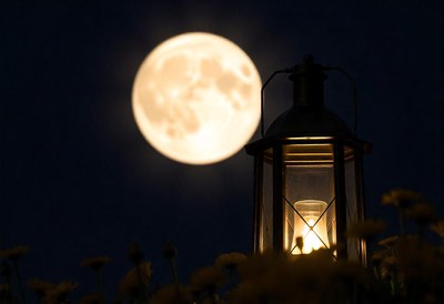A lantern glows under the full moon