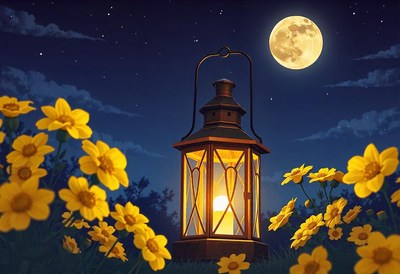 A lantern glows brightly under a full moon
