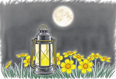 A lantern shines brightly under a full moon