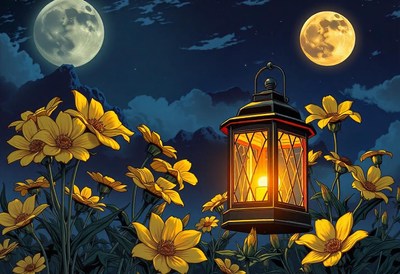 A lantern glows under a full moon