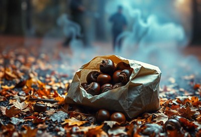 A bag of chestnuts on fallen leaves