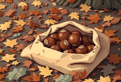 A bag of chestnuts sits on fallen leaves in the forest