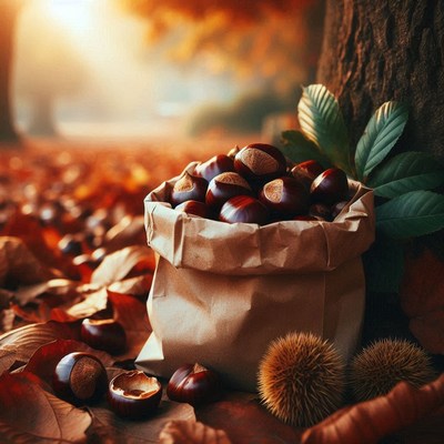 A bag of chestnuts sits among autumn leaves
