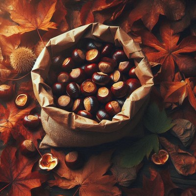 A bag of chestnuts on a bed of autumn leaves