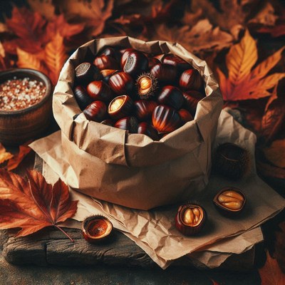 A bag of chestnuts on a rustic table with leaves