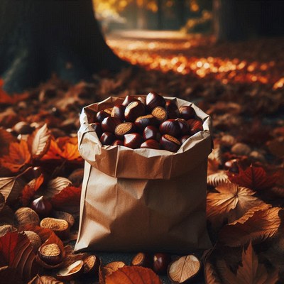A bag of chestnuts sits on fallen leaves in an autumn forest