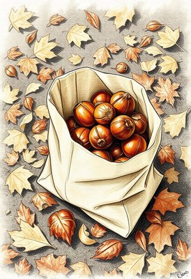 A bag full of chestnuts sits on a bed of autumn leaves