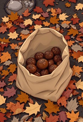 A bag of chestnuts sits on a bed of fall leaves