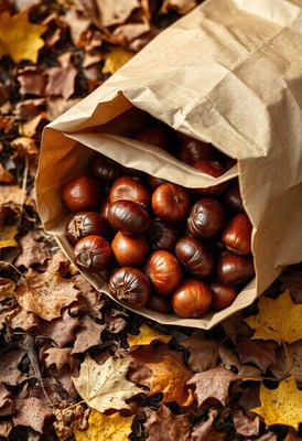 A bag of chestnuts lies on autumn leaves