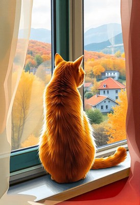 Ginger cat on windowsill watches fall leaves
