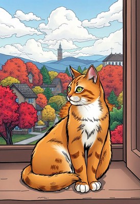 A ginger tabby cat sits on a wooden windowsill