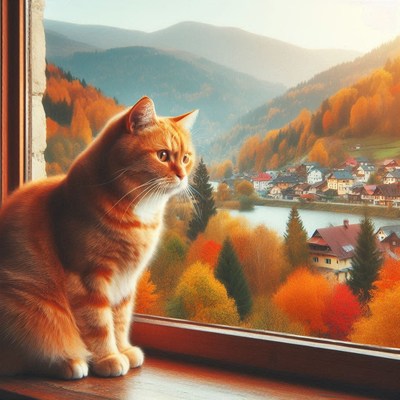 Ginger cat by window, gazing at autumn scenery