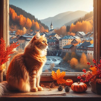 A ginger cat sits by a window overlooking a fall village