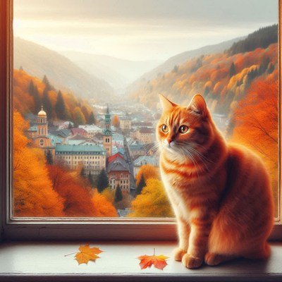 A ginger cat sits by a window, watching an autumnal town