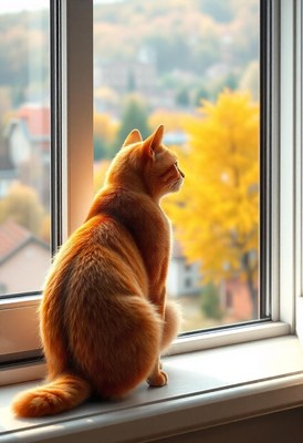 A ginger cat is seated on a windowsill