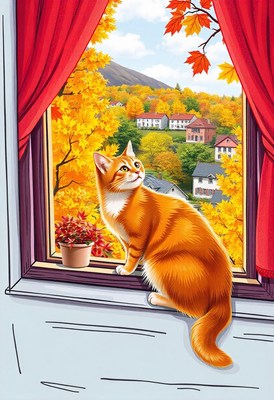 A ginger cat gazes at autumn leaves from the window