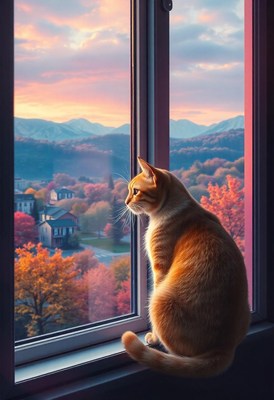 Cat by the window watches the autumn sunset