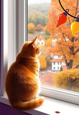 A ginger cat sits by a window watching the fall foliage
