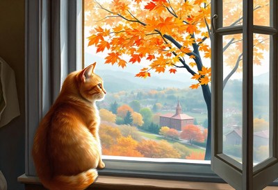 Ginger cat by the window, gazing at autumn