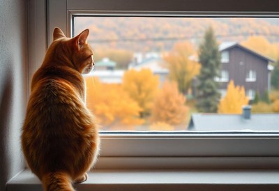Ginger cat by window, watching autumn leaves