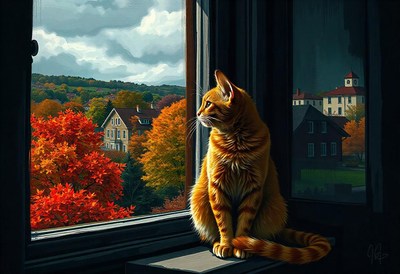 A cat sits by a window, gazing out at the autumn foliage