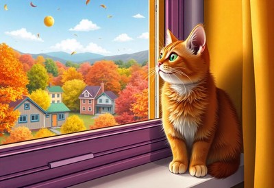 A cat watches leaves fall by a window