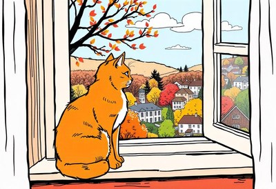 A cat sits by a window looking out at fall foliage