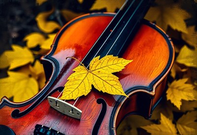 A violin rests on fallen leaves in the autumn